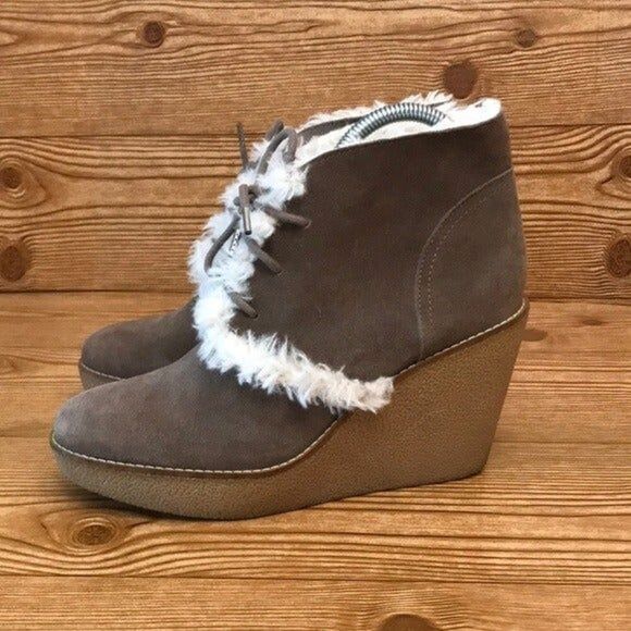 GAP NEW YORK “Gwen Shearling” Tree Bark Suede Wedges Boots ladies size 9 - Picture 2 of 10